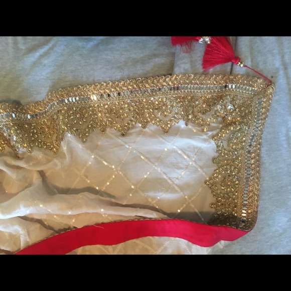 Sharara top and dupatta in cream and red with gold embroidery and beading.Size 8 - Picture 12 of 15